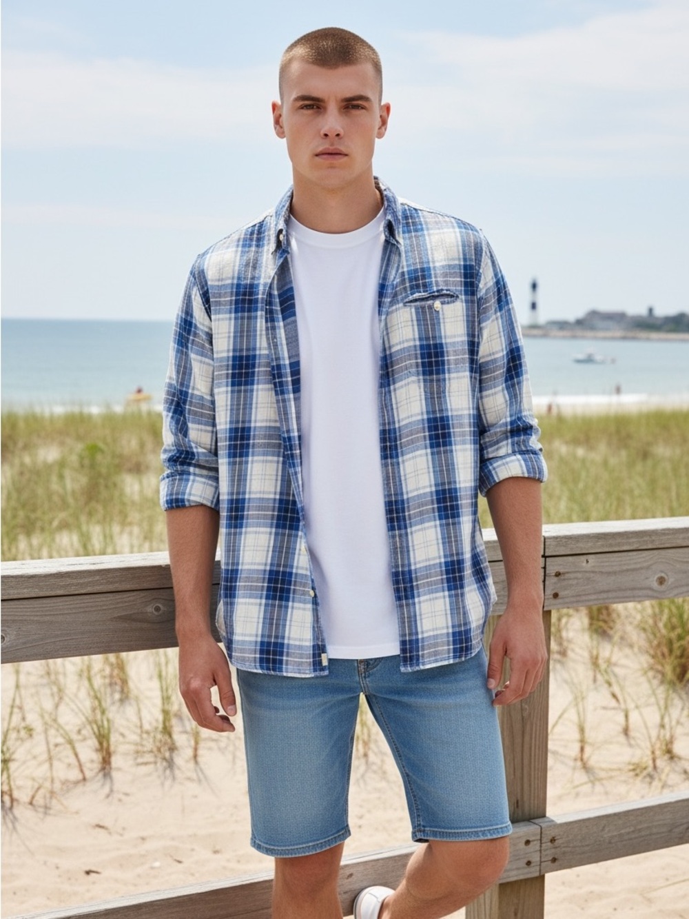 Preppy Coastal Casual 100% Cotton Blue& White Plaid Button-Up Shirt Size Large